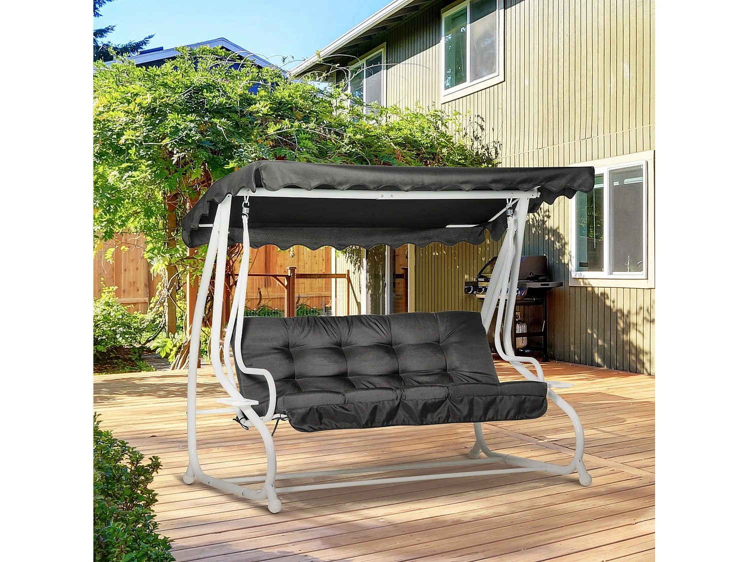 Balancelle de jardin convertible 2 places grand confort toit inclinaison réglable coussins inclus plateaux porte-gobelets acier polyester noir