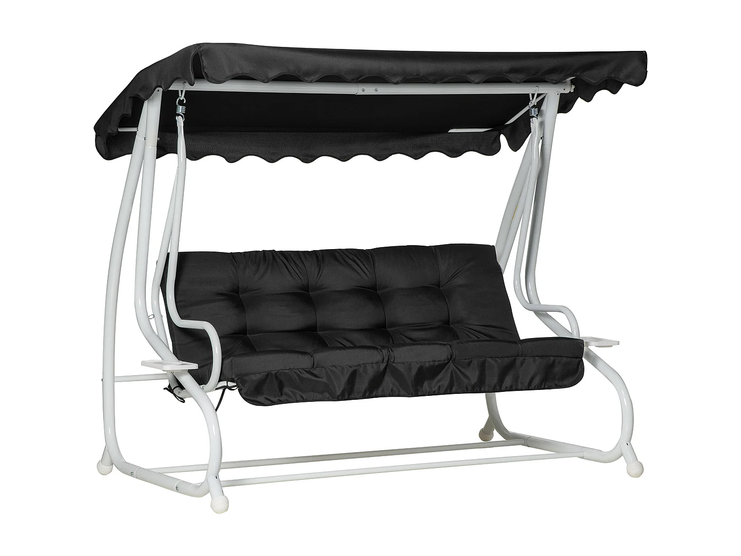 Balancelle de jardin convertible 2 places grand confort toit inclinaison réglable coussins inclus plateaux porte-gobelets acier polyester noir