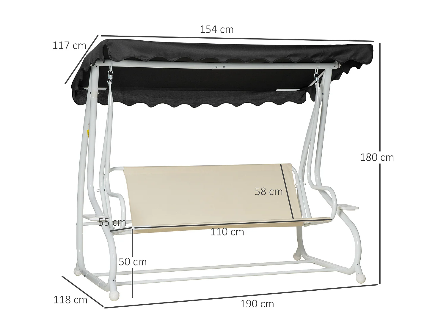 Balancelle de jardin convertible 2 places grand confort toit inclinaison réglable coussins inclus plateaux porte-gobelets acier polyester noir