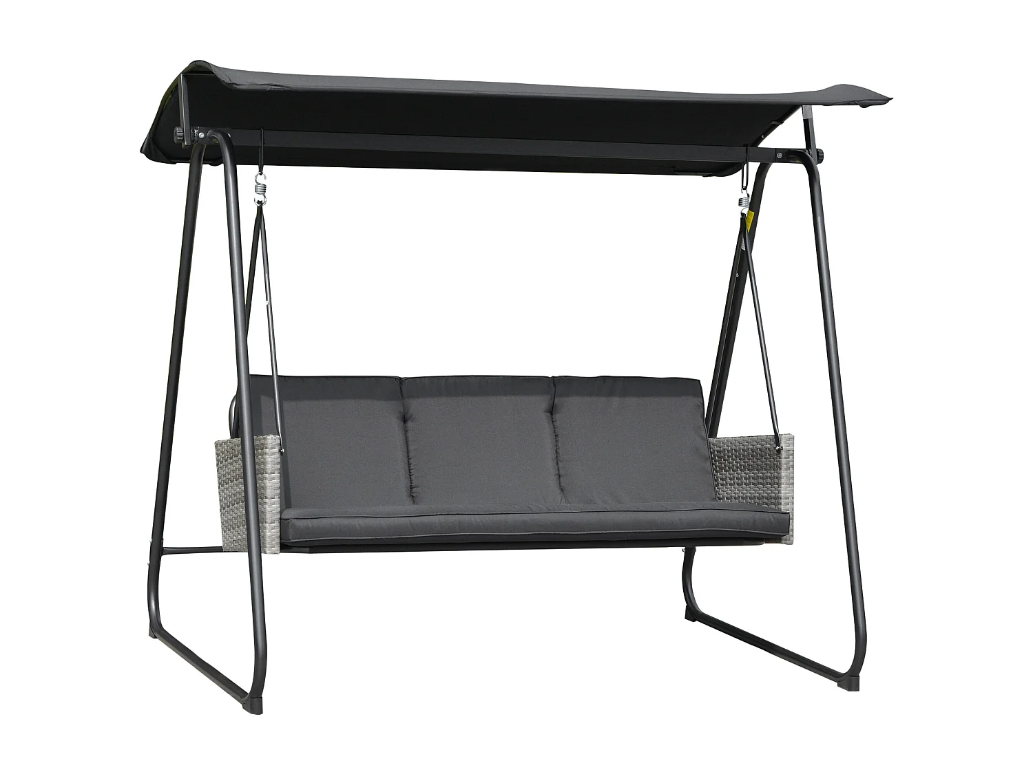 Balancelle de jardin 3 places auvent inclinaison réglable coussins assise et dossier résine tressée grise acier époxy polyester noir
