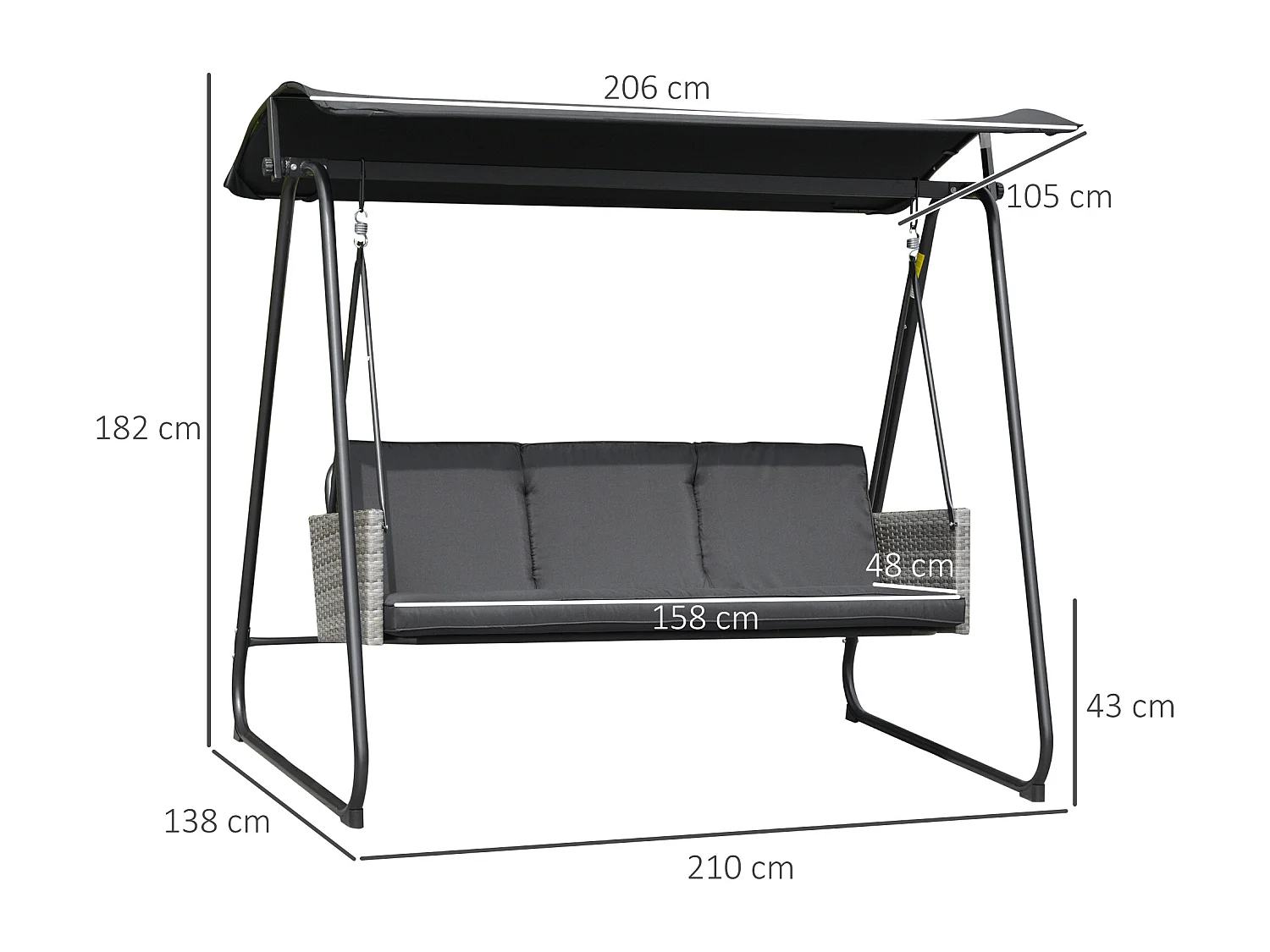 Balancelle de jardin 3 places auvent inclinaison réglable coussins assise et dossier résine tressée grise acier époxy polyester noir