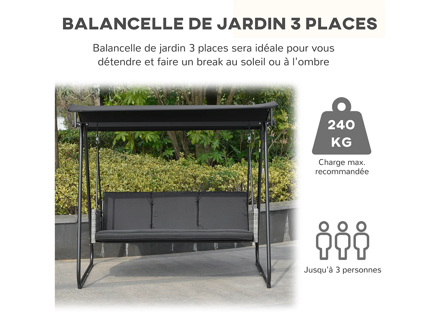 Balancelle de jardin 3 places auvent inclinaison réglable coussins assise et dossier résine tressée grise acier époxy polyester noir