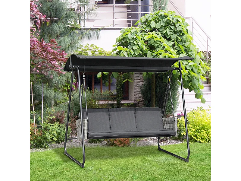Balancelle de jardin 3 places auvent inclinaison réglable coussins assise et dossier résine tressée grise acier époxy polyester noir
