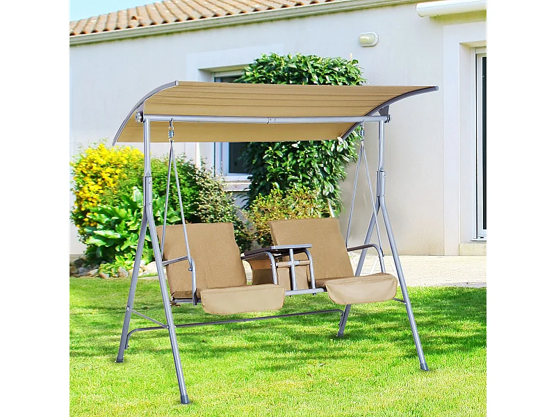 Balancelle design de jardin 2 places inclinaison toit réglable tablette rétractable rangement acier gris clair beige