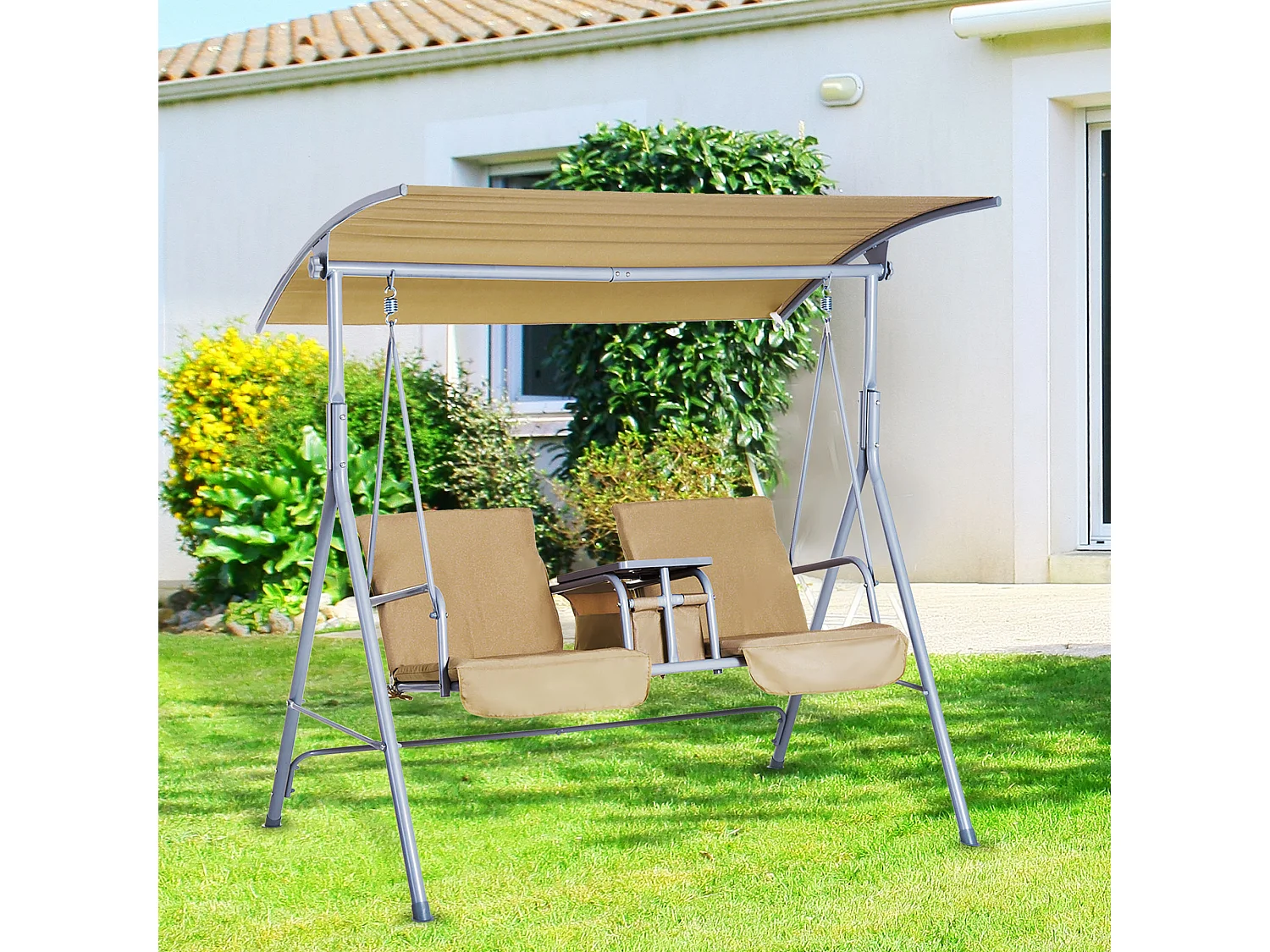 Balancelle design de jardin 2 places inclinaison toit réglable tablette rétractable rangement acier gris clair beige