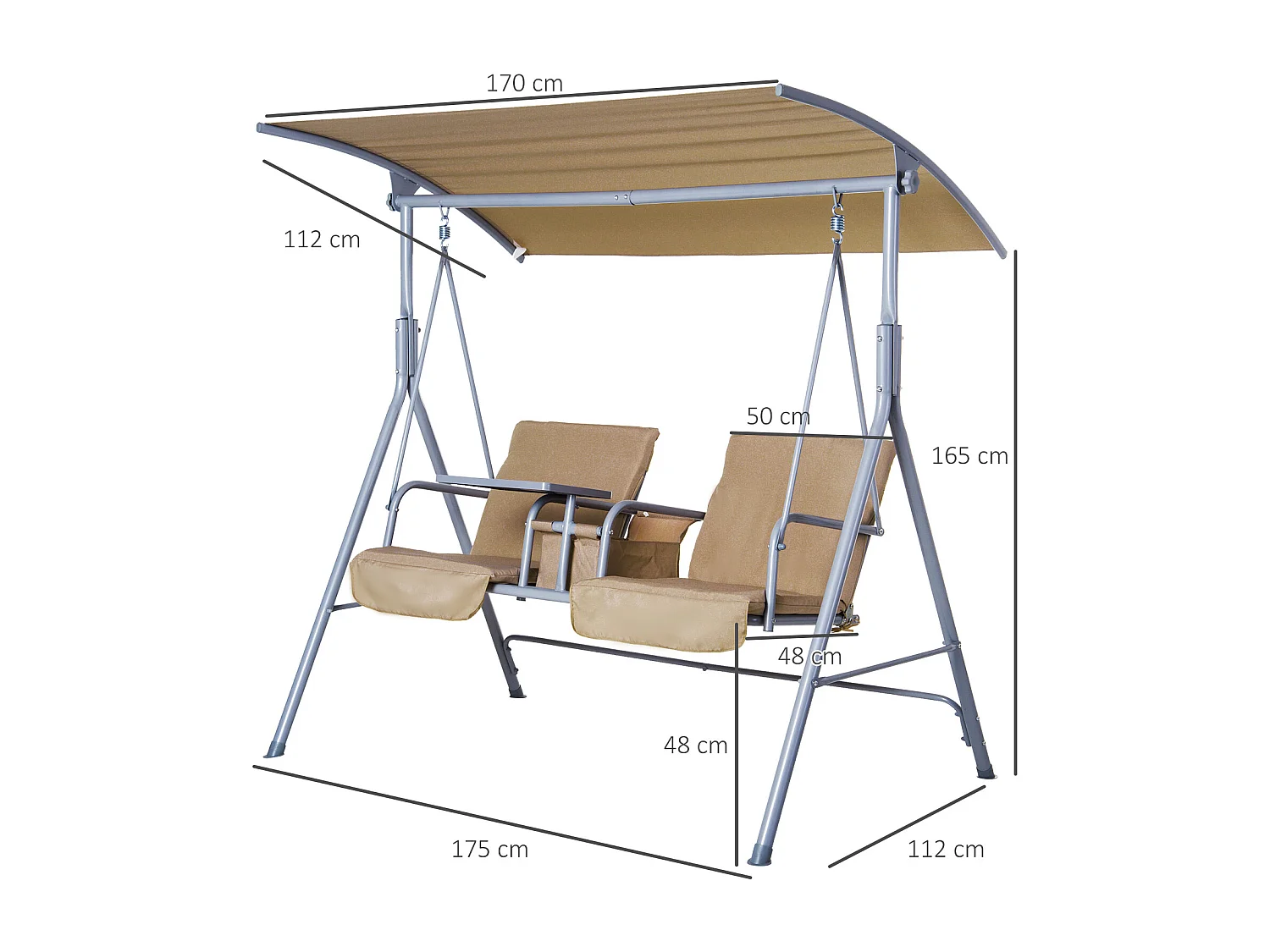 Balancelle design de jardin 2 places inclinaison toit réglable tablette rétractable rangement acier gris clair beige
