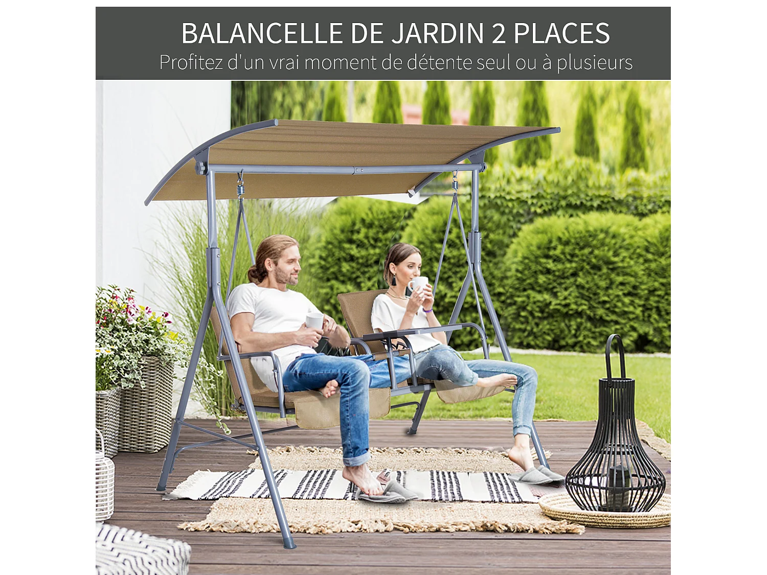 Balancelle design de jardin 2 places inclinaison toit réglable tablette rétractable rangement acier gris clair beige
