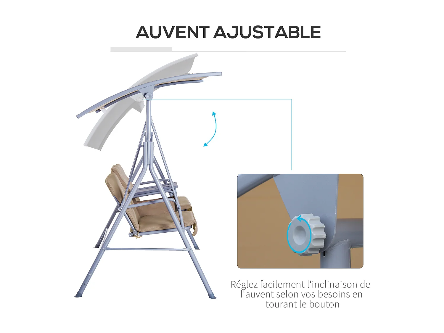 Balancelle design de jardin 2 places inclinaison toit réglable tablette rétractable rangement acier gris clair beige