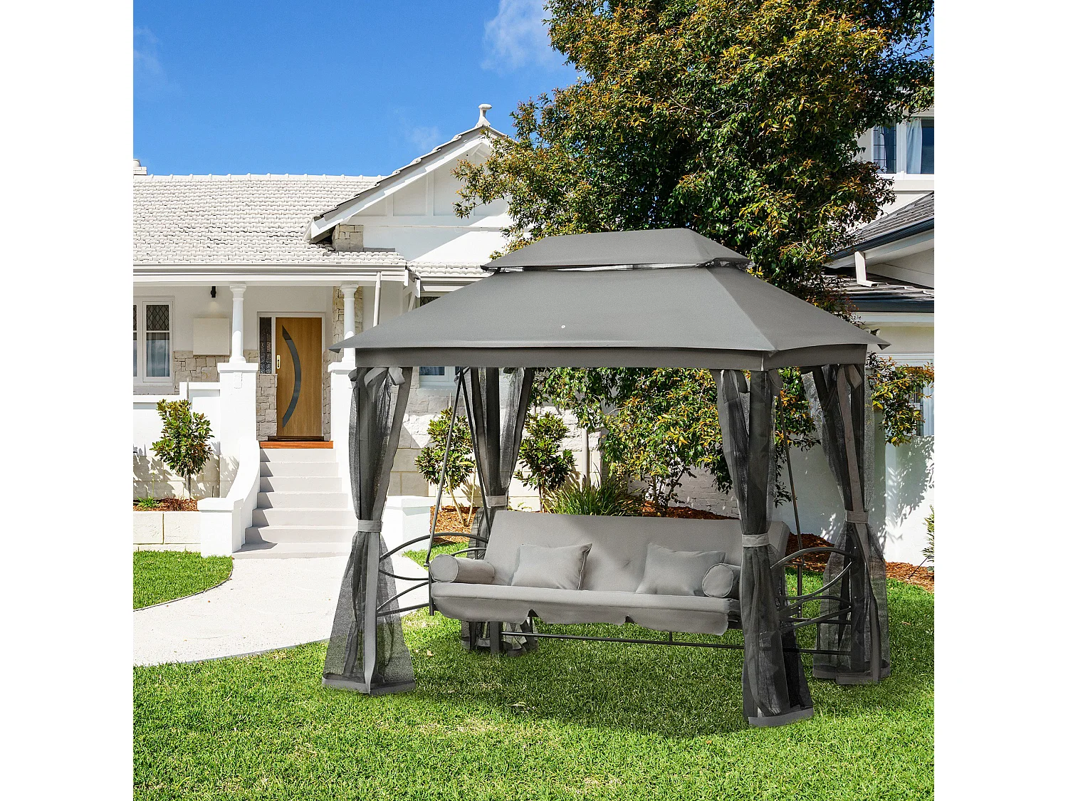 Balancelle de jardin 3 places convertible style colonial grand confort 5 coussins + matelas + moustiquaires inclus 2,56L x 1,72l x 2,48H m gris