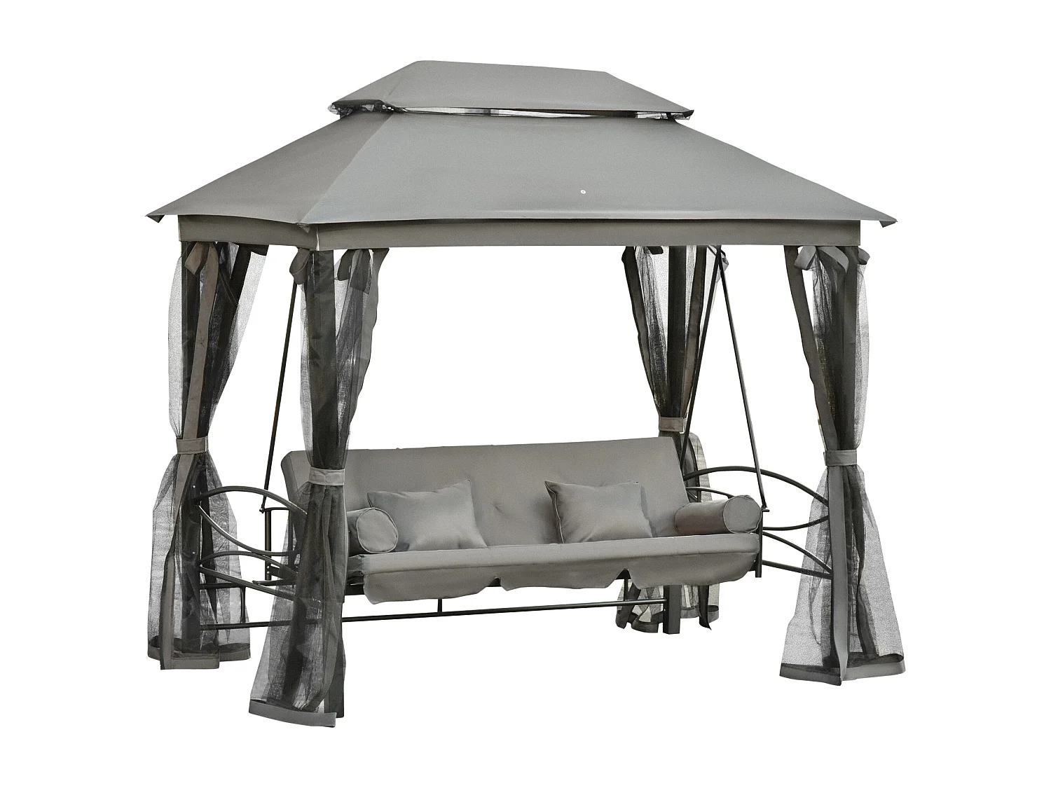 Balancelle de jardin 3 places convertible style colonial grand confort 5 coussins + matelas + moustiquaires inclus 2,56L x 1,72l x 2,48H m gris