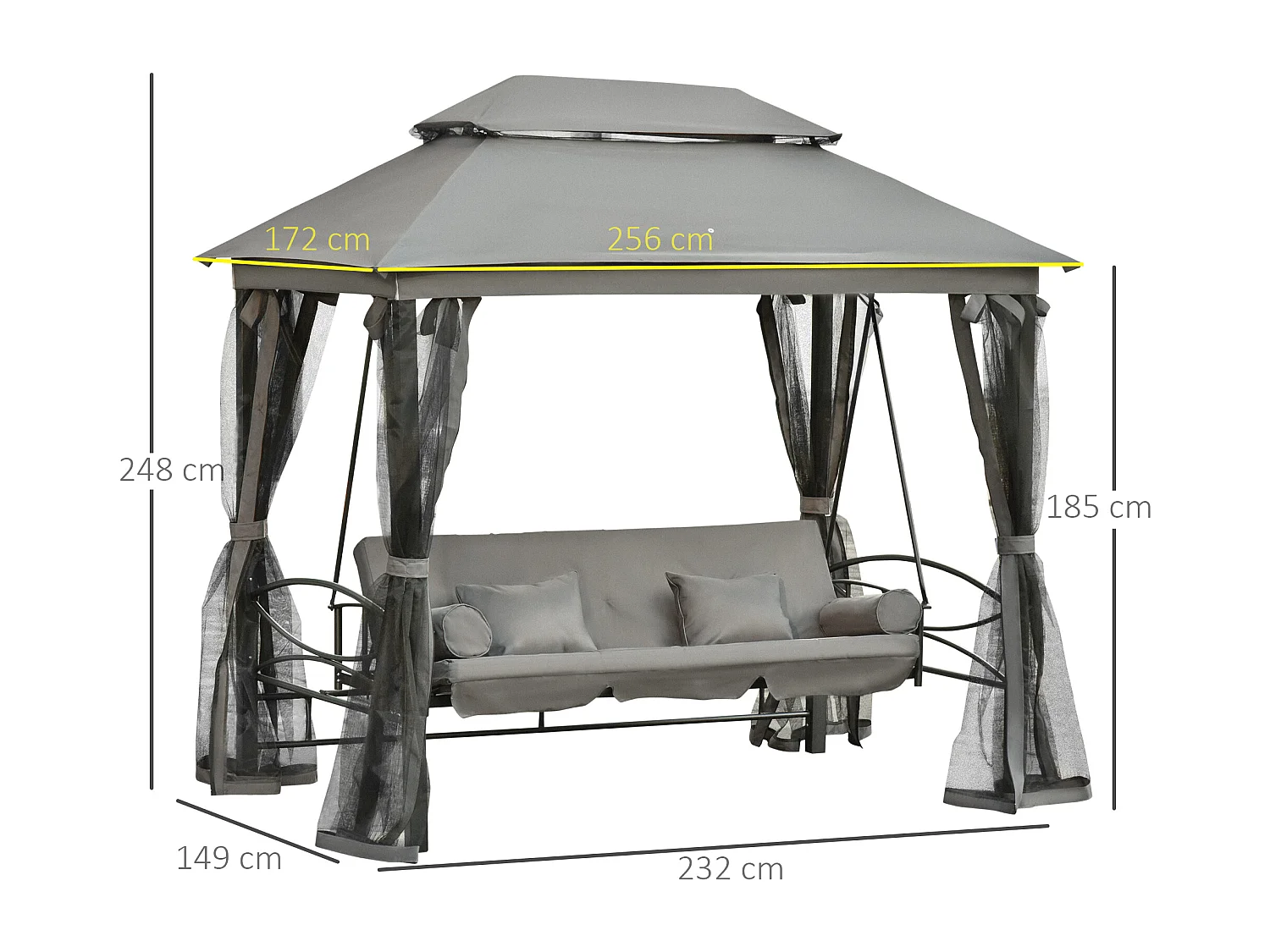 Balancelle de jardin 3 places convertible style colonial grand confort 5 coussins + matelas + moustiquaires inclus 2,56L x 1,72l x 2,48H m gris