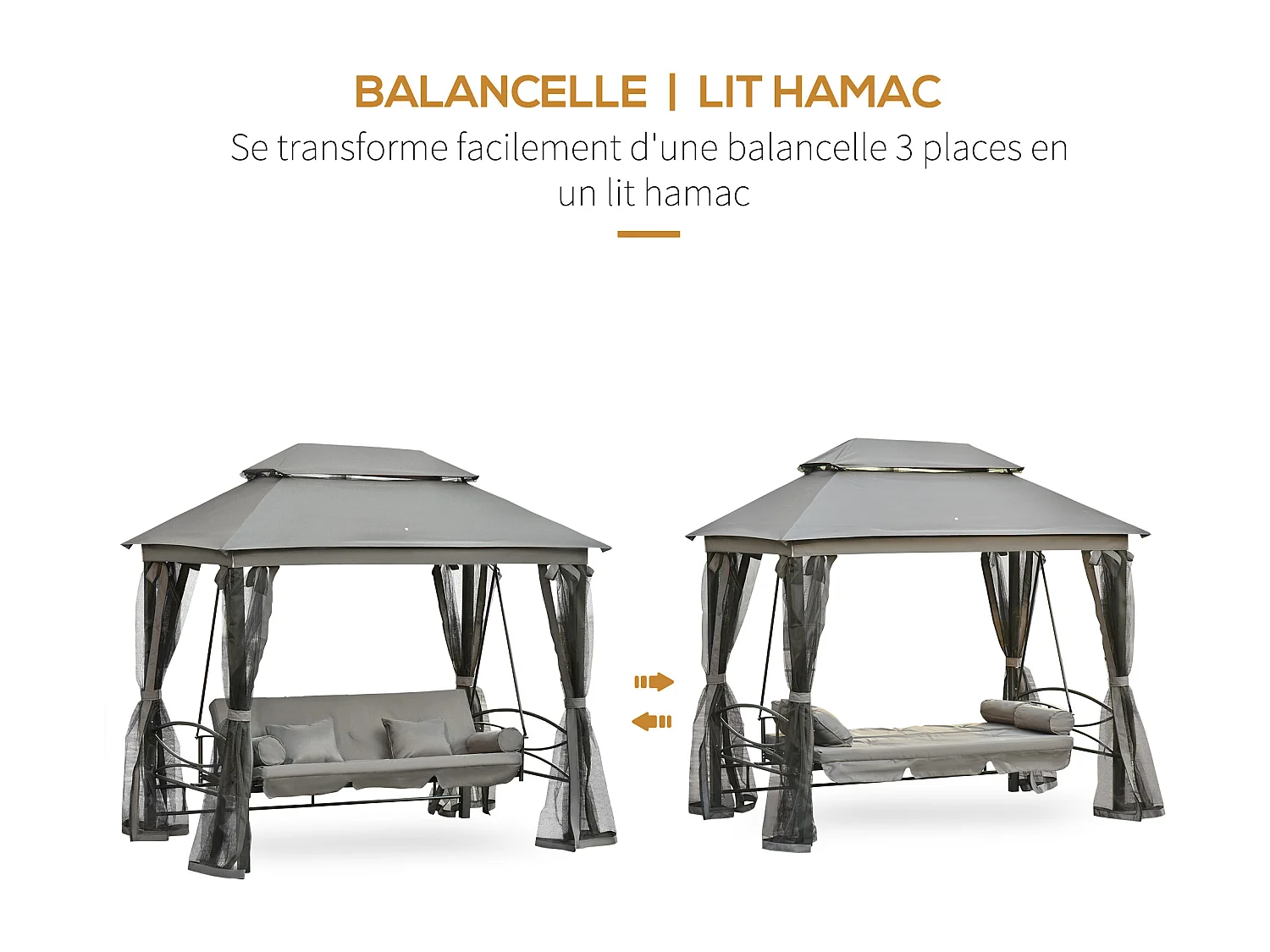 Balancelle de jardin 3 places convertible style colonial grand confort 5 coussins + matelas + moustiquaires inclus 2,56L x 1,72l x 2,48H m gris