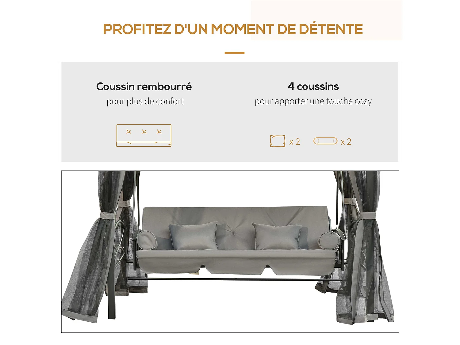 Balancelle de jardin 3 places convertible style colonial grand confort 5 coussins + matelas + moustiquaires inclus 2,56L x 1,72l x 2,48H m gris