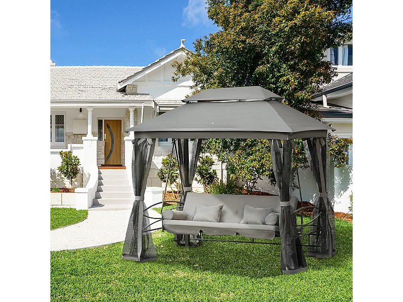 Balancelle de jardin 3 places convertible style colonial grand confort 5 coussins + matelas + moustiquaires inclus 2,56L x 1,72l x 2,48H m gris