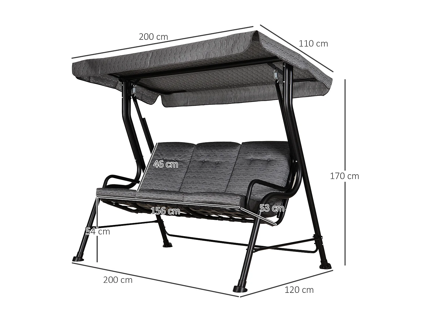 Balancelle de jardin 3 places grand confort toit inclinaison réglable épais coussins amovibles polyester acier époxy gris noir