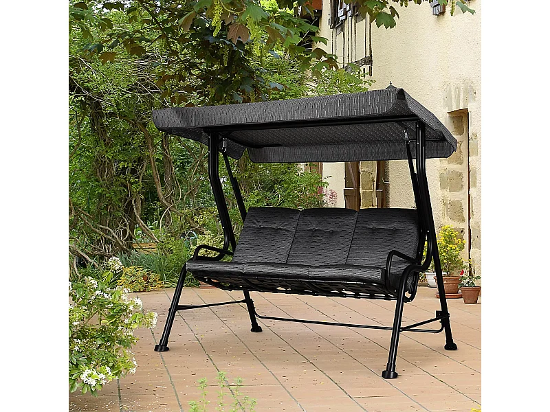 Balancelle de jardin 3 places grand confort toit inclinaison réglable épais coussins amovibles polyester acier époxy gris noir