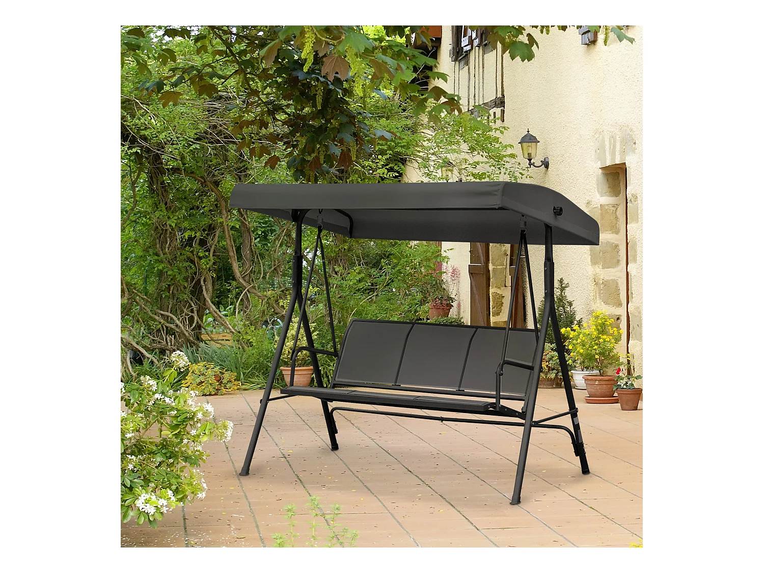 Balancelle de jardin 3 places grand confort toit inclinaison réglable assise et dossier ergonomique acier époxy textilène noir