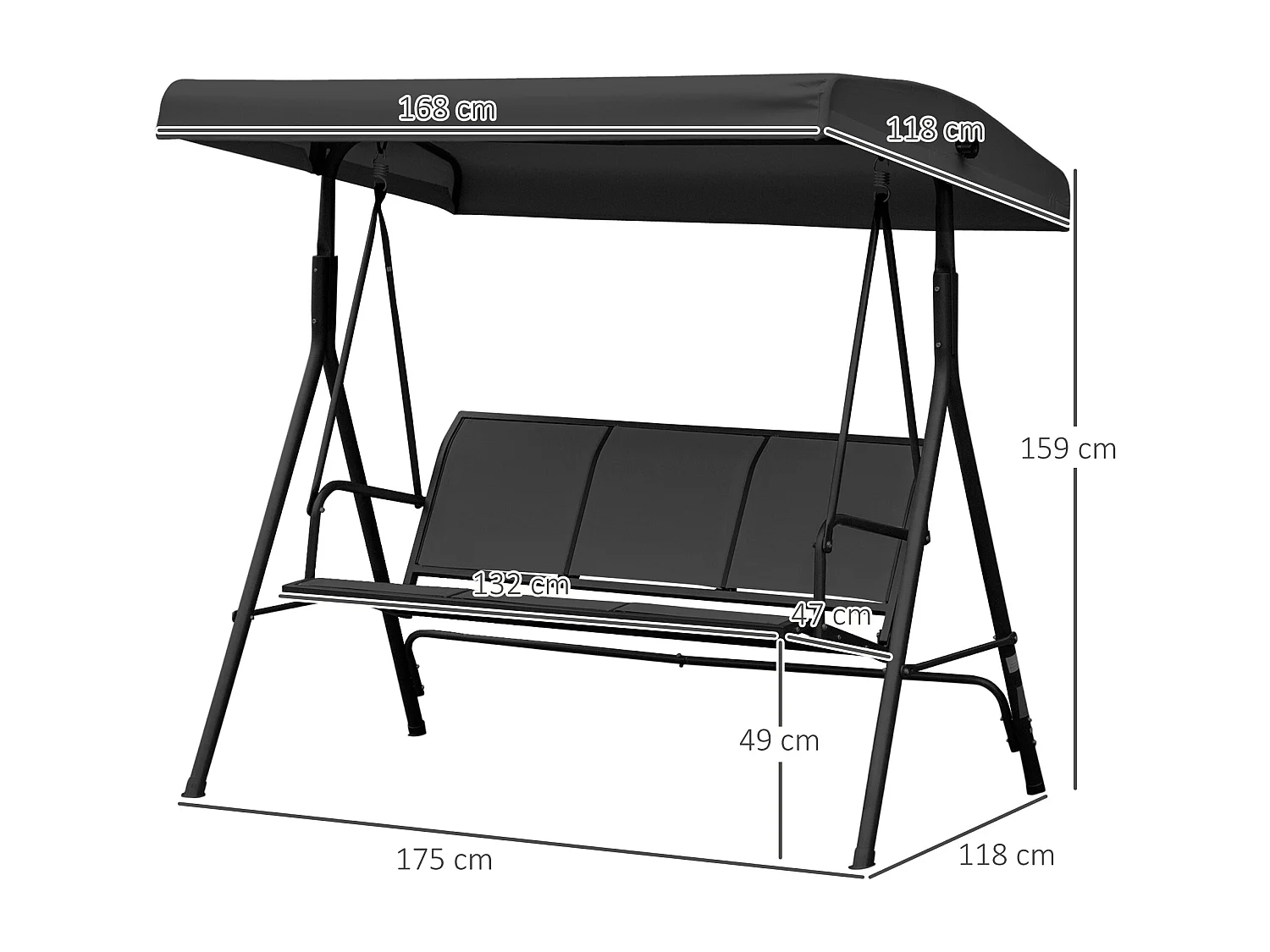 Balancelle de jardin 3 places grand confort toit inclinaison réglable assise et dossier ergonomique acier époxy textilène noir