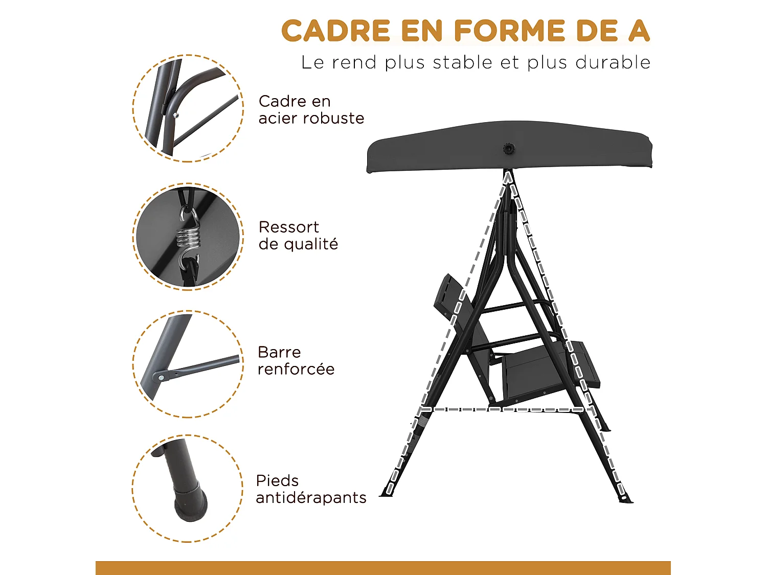 Balancelle de jardin 3 places grand confort toit inclinaison réglable assise et dossier ergonomique acier époxy textilène noir