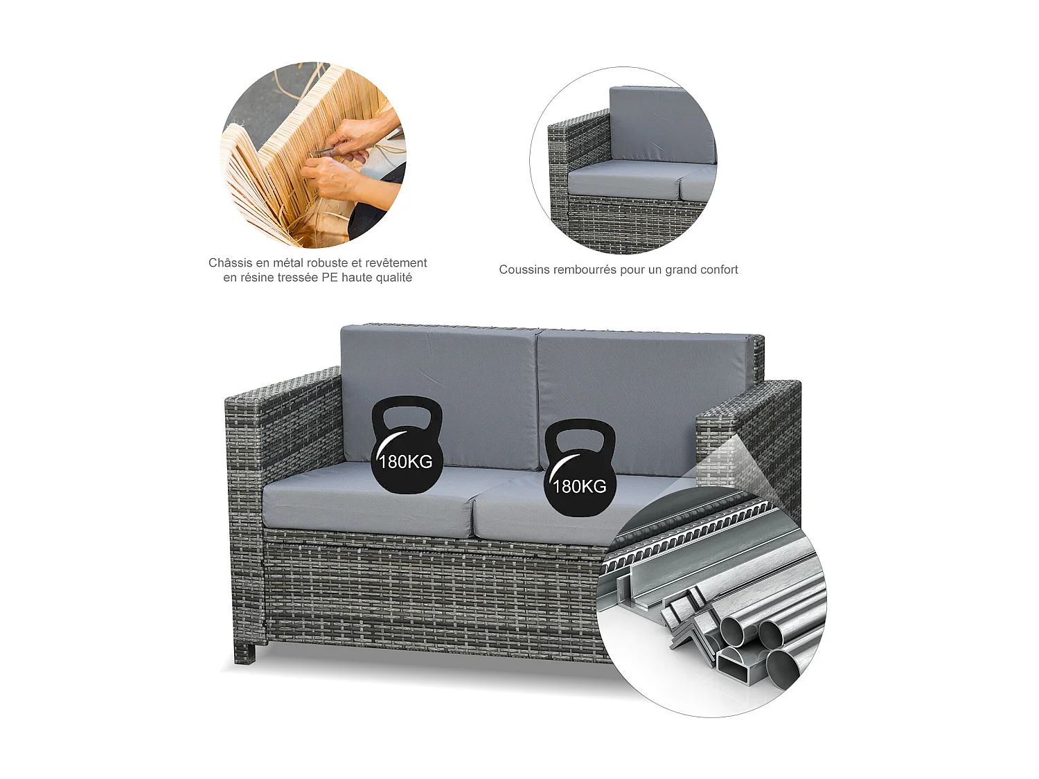 Canapé de jardin 2 places canapé droit 4 coussins déhoussables 130L x 70l x 80H cm résine tressée gris