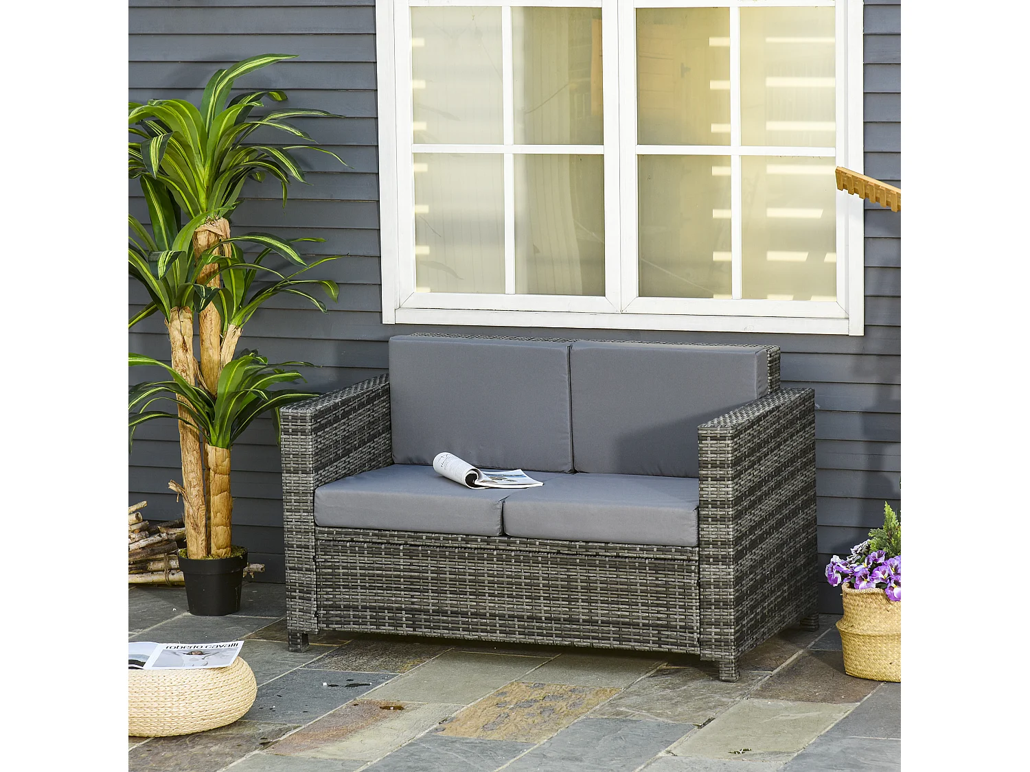 Canapé de jardin 2 places canapé droit 4 coussins déhoussables 130L x 70l x 80H cm résine tressée gris
