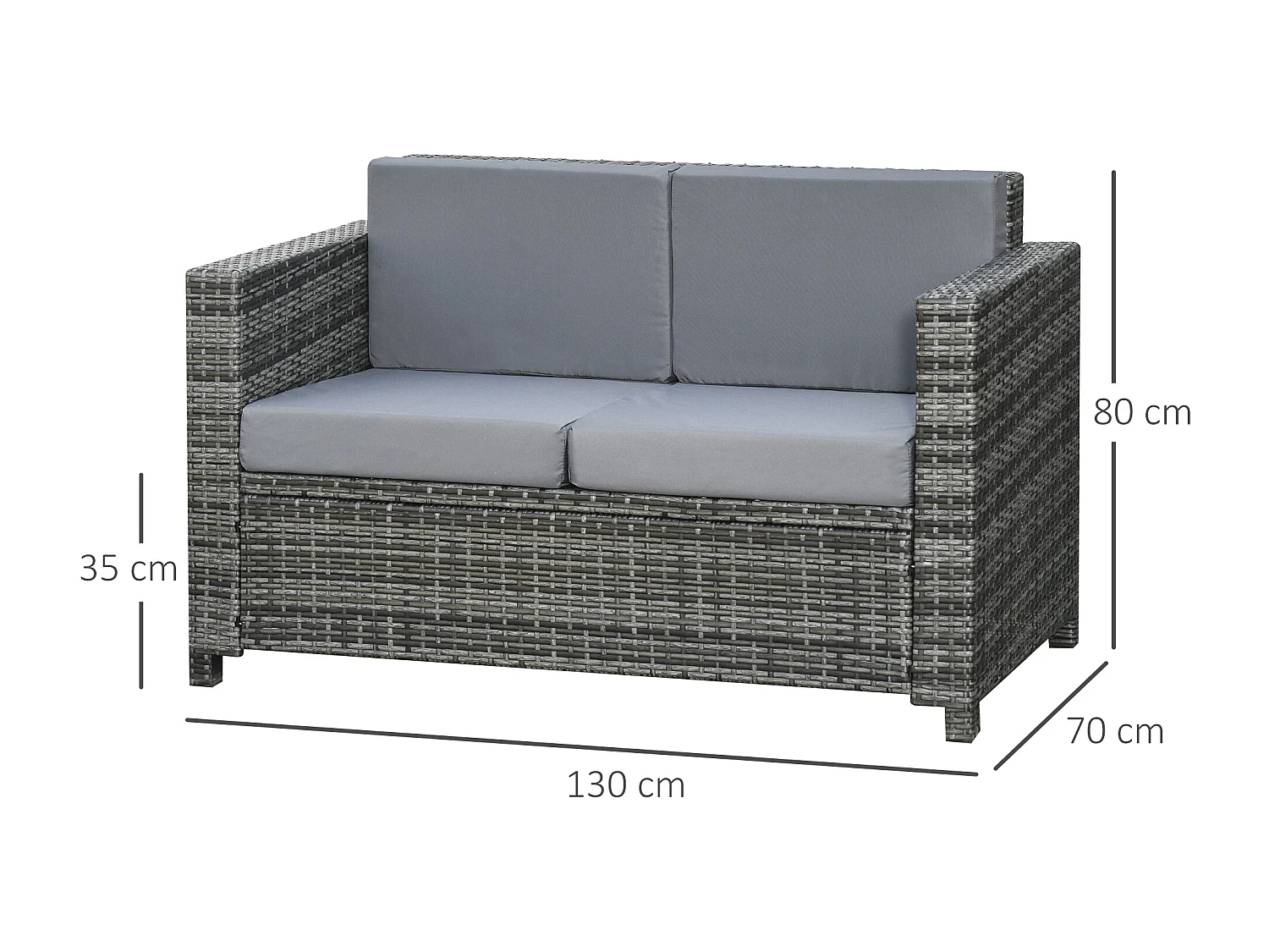 Canapé de jardin 2 places canapé droit 4 coussins déhoussables 130L x 70l x 80H cm résine tressée gris