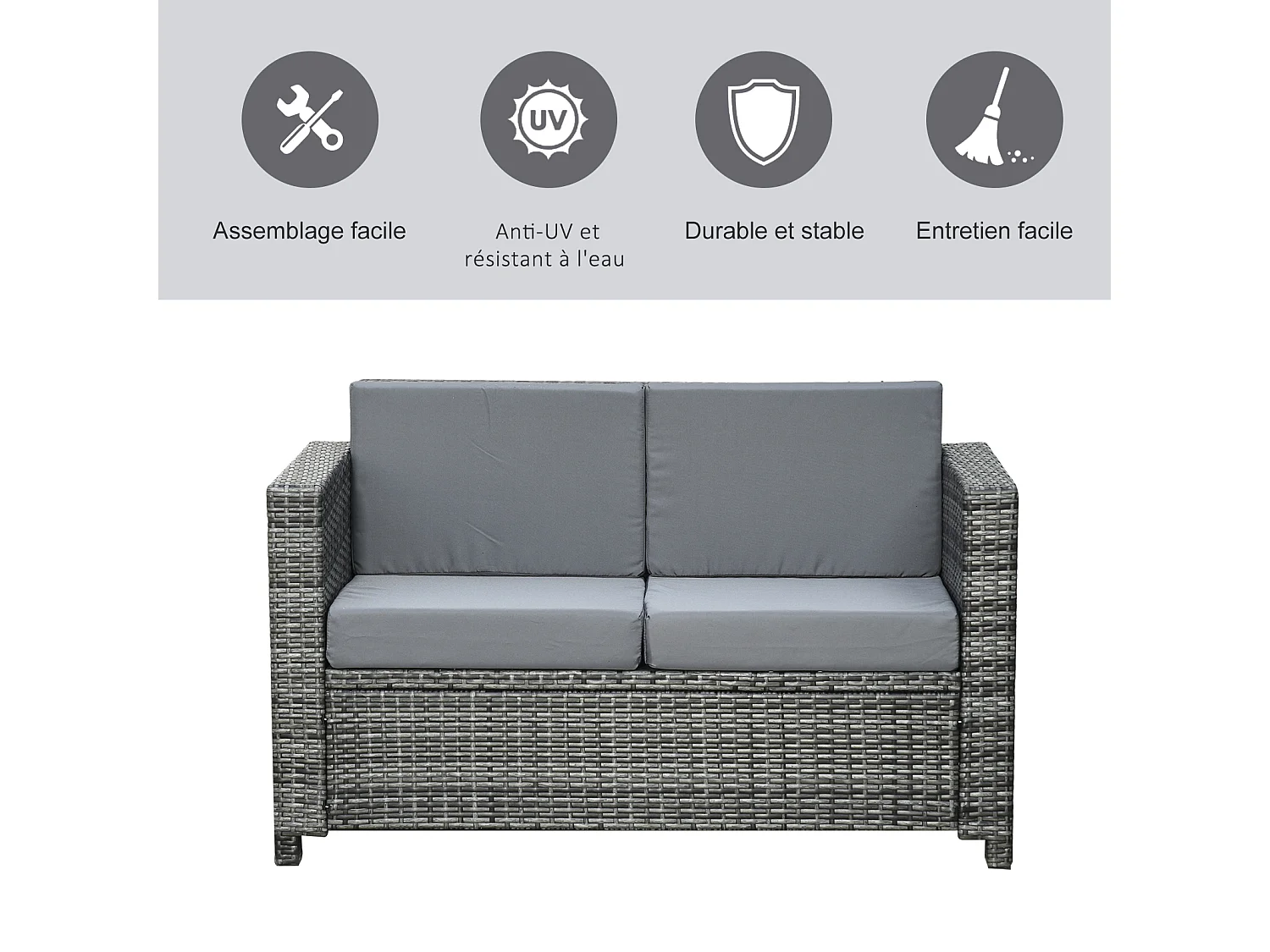Canapé de jardin 2 places canapé droit 4 coussins déhoussables 130L x 70l x 80H cm résine tressée gris