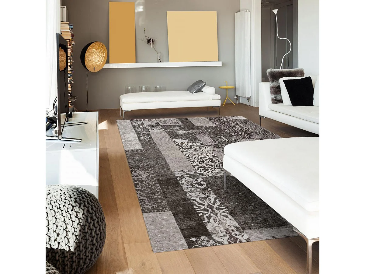 tapis chambre 80x150 tissé en acrylique gris et beige motif rétro-vintage