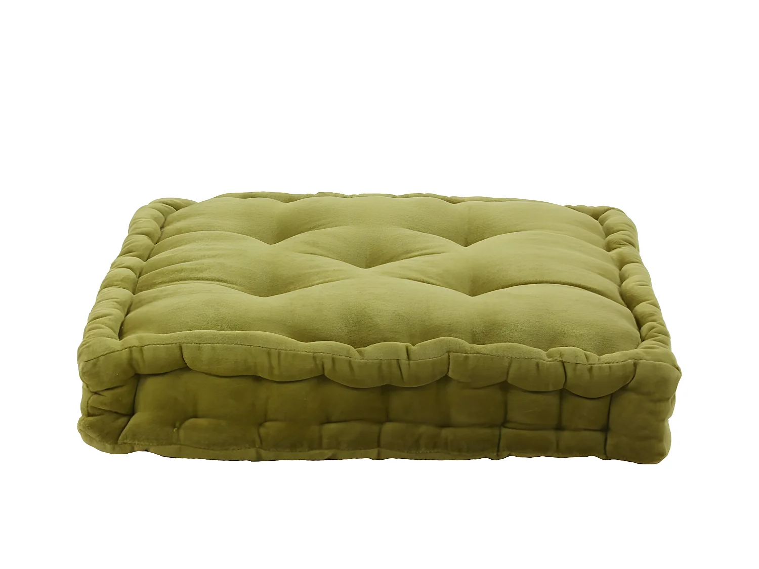 ARTHUR - Pouf tapissier en velours de coton uni vert mousse 40x40