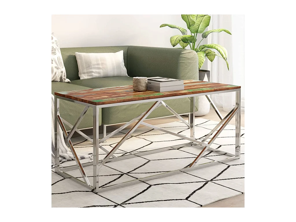 Table basse argenté inox et bois de récupération massif