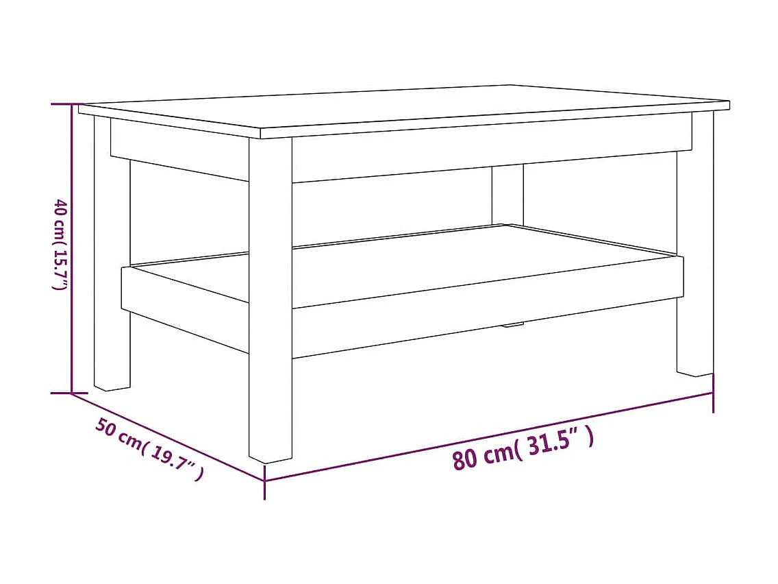 Mesa de centro de madera maciza de pino 80x50x40 cm