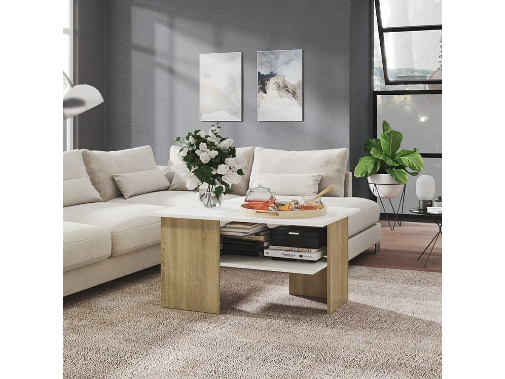 Mesa de centro madera contrachapada blanco y roble 90x60x46,5cm