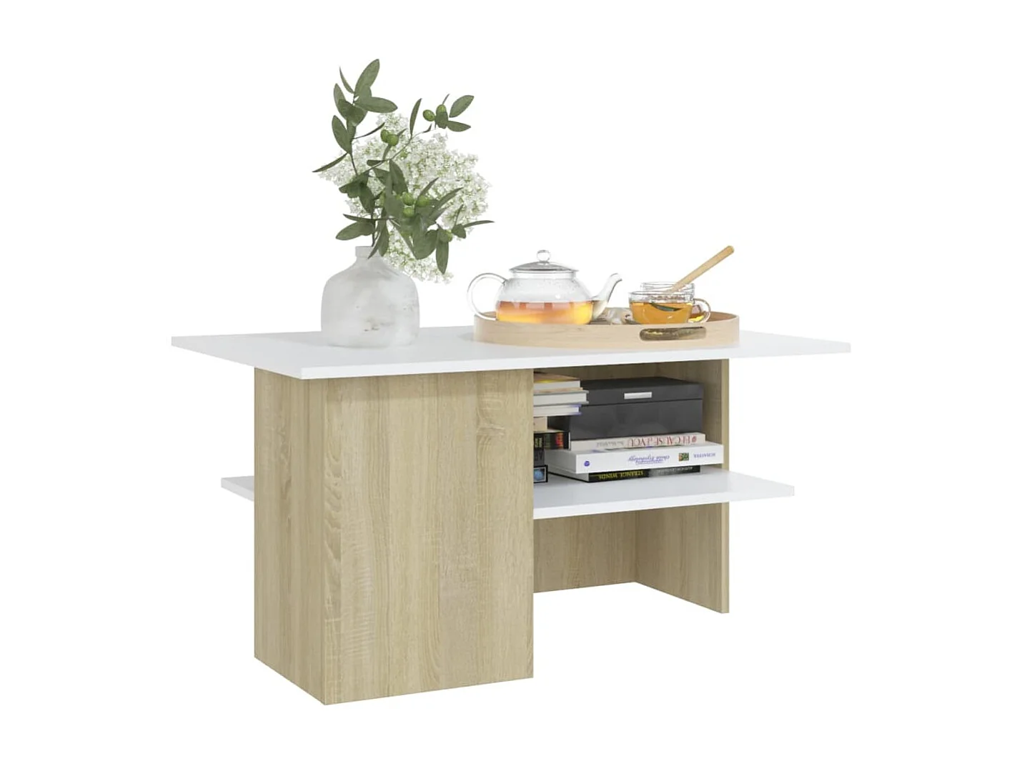 Mesa de centro madera contrachapada blanco y roble 90x60x46,5cm