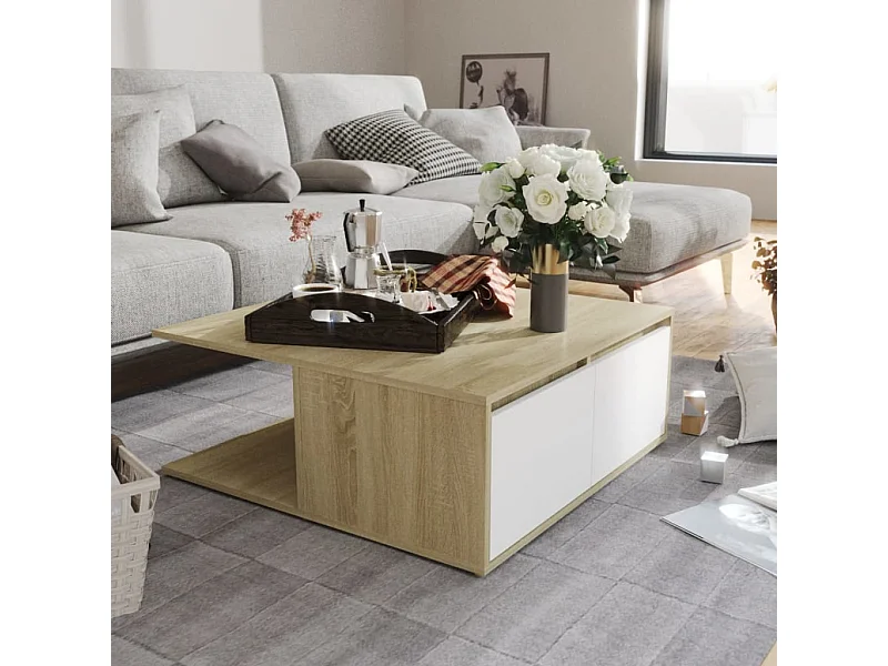 Mesa de centro madera contrachapada blanco y roble 80x80x31 cm