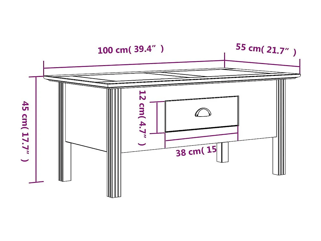 Table basse BODO blanc 100x55x45 cm bois de pin massif