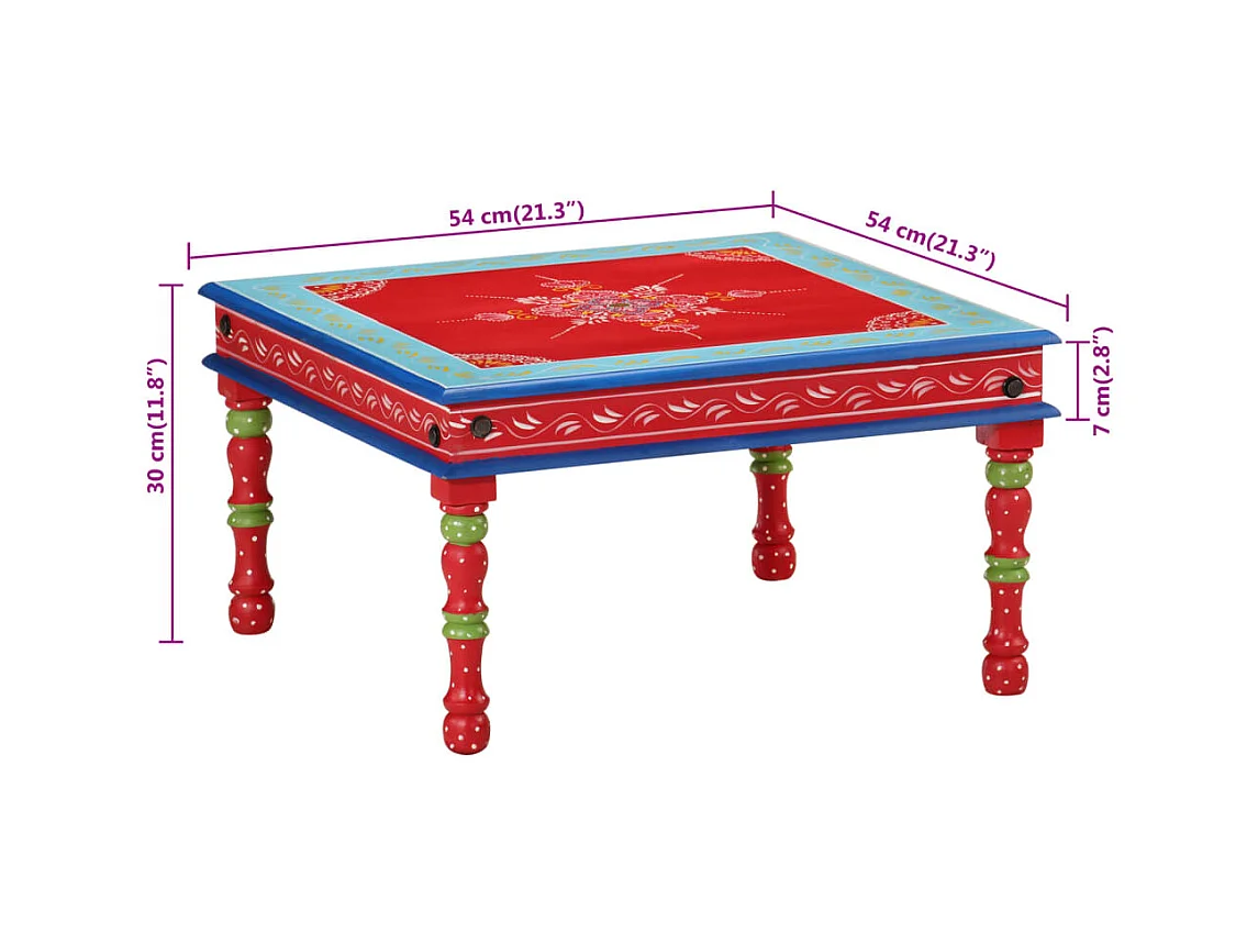Table basse rouge bois de manguier massif peint à la main