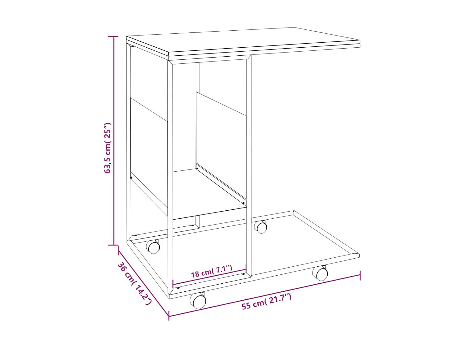 Table d'appoint avec roues Noir 55x36x63,5 cm Bois d'ingénierie