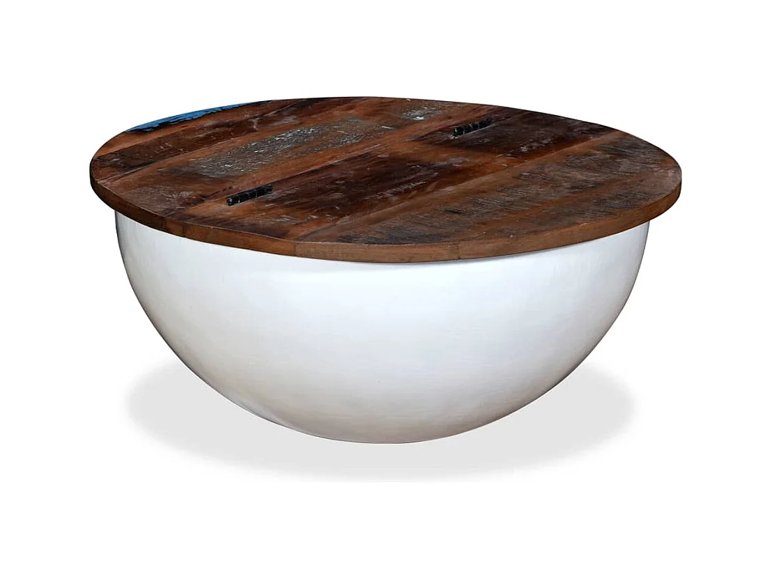 Mesa de centro de madera maciza reciclada blanca forma de bol