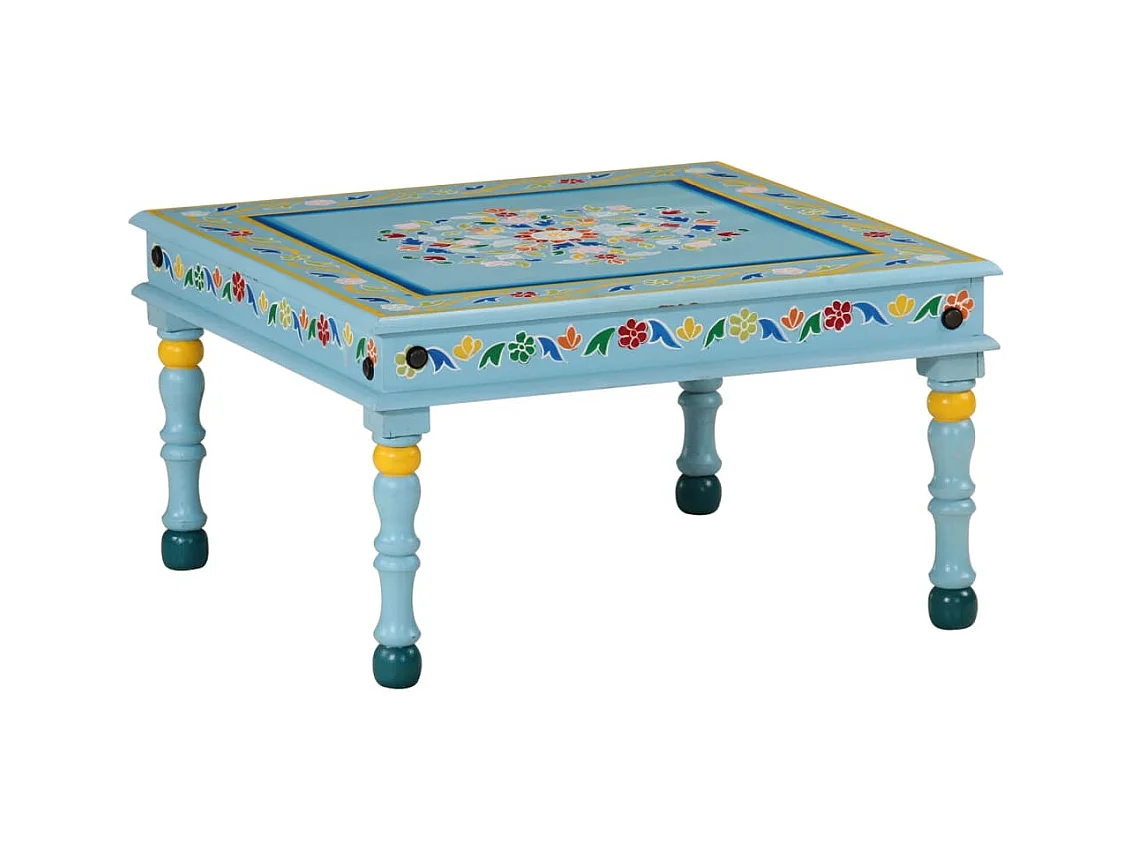 Table basse turquoise bois de manguier massif peint à la main