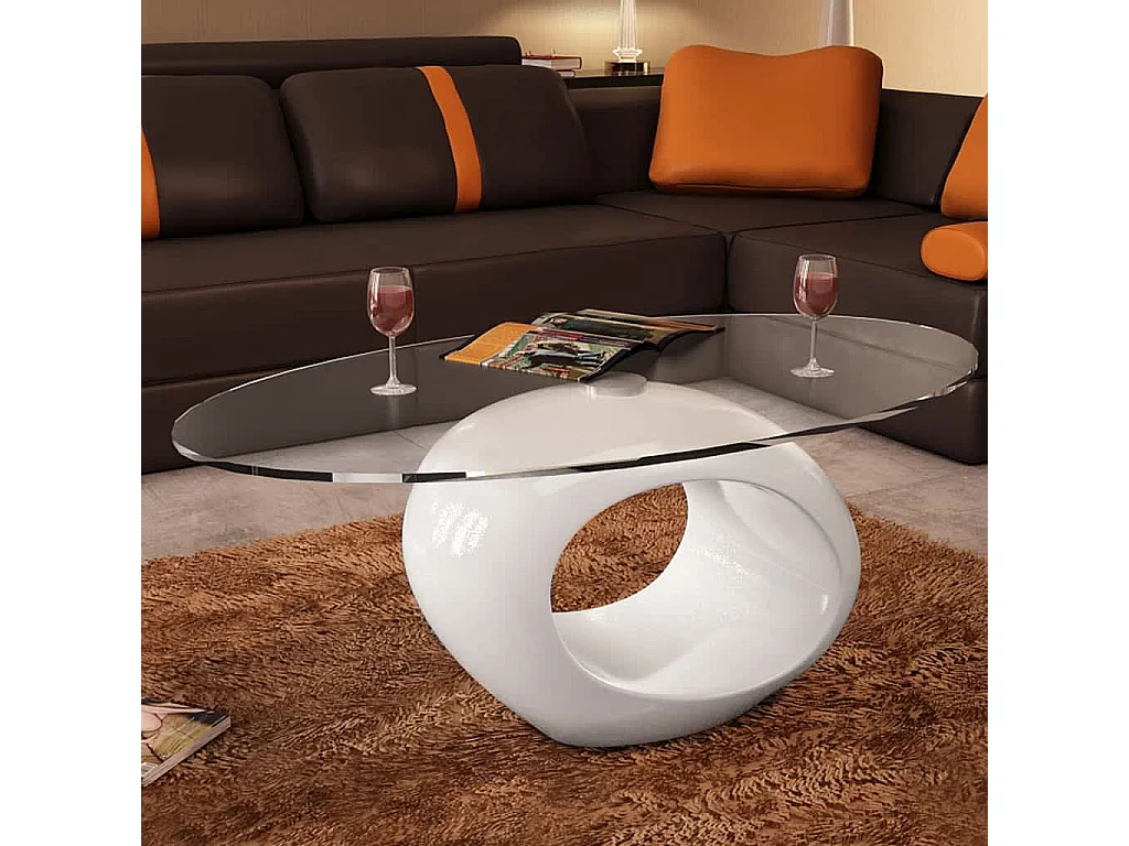 Table basse avec dessus de table en verre ovale Blanc brillant