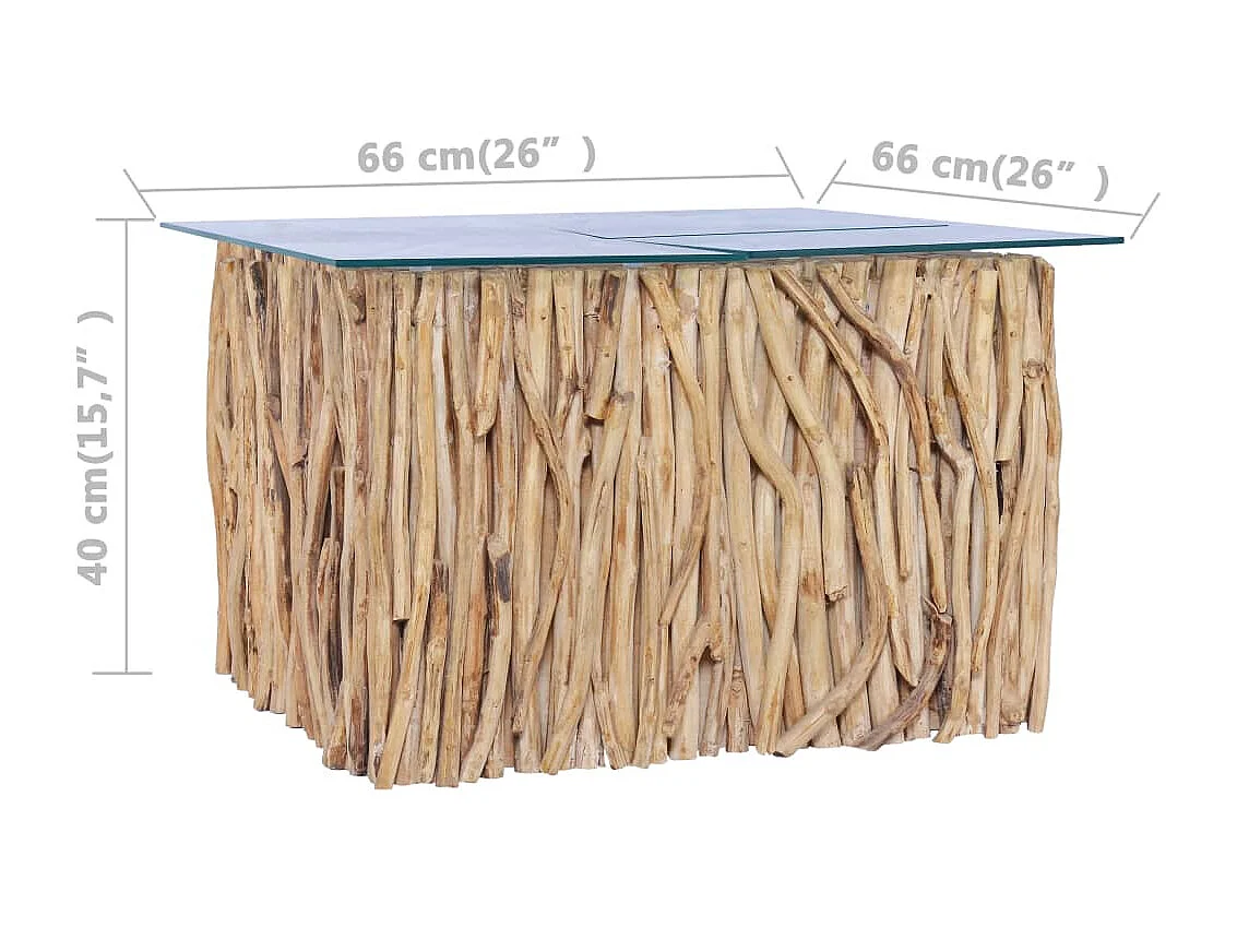 Salontafel met glazen blad 66x66x40 cm massief teakhout