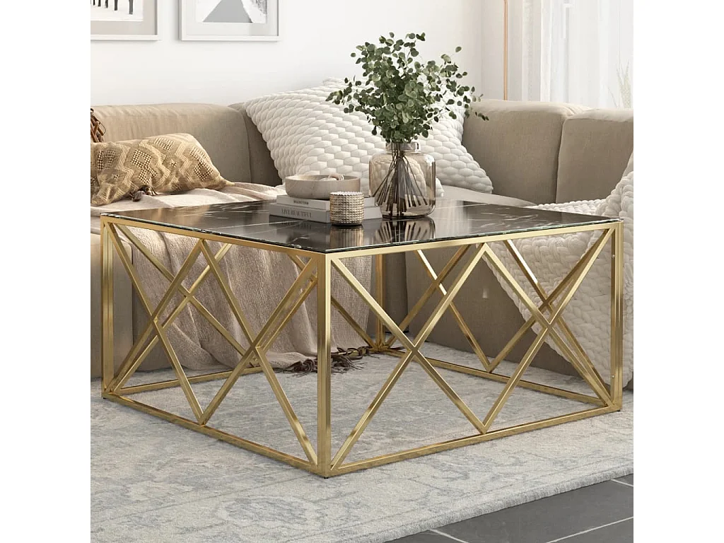 Table basse doré acier inoxydable et verre trempé