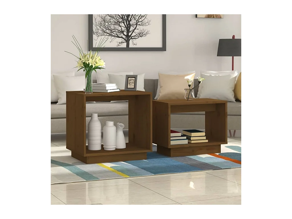 Tables basses gigognes 2 pièces Marron miel Bois de pin massif