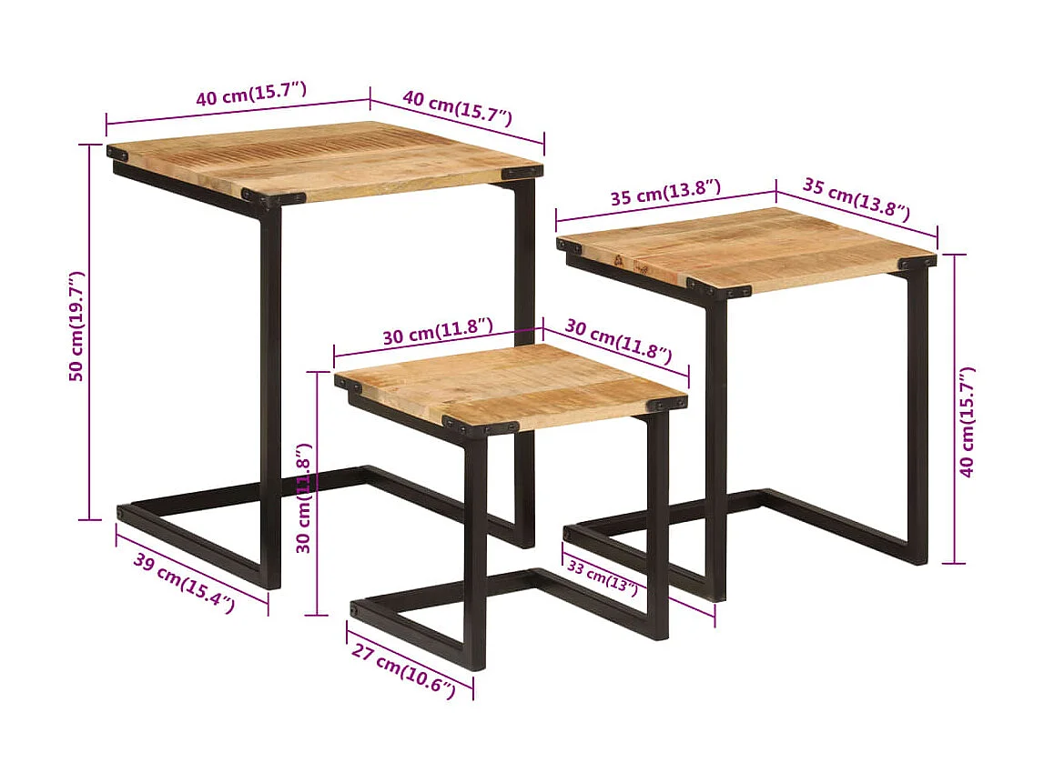 Tables basses gigognes 3 pièces bois massif de manguier et fer