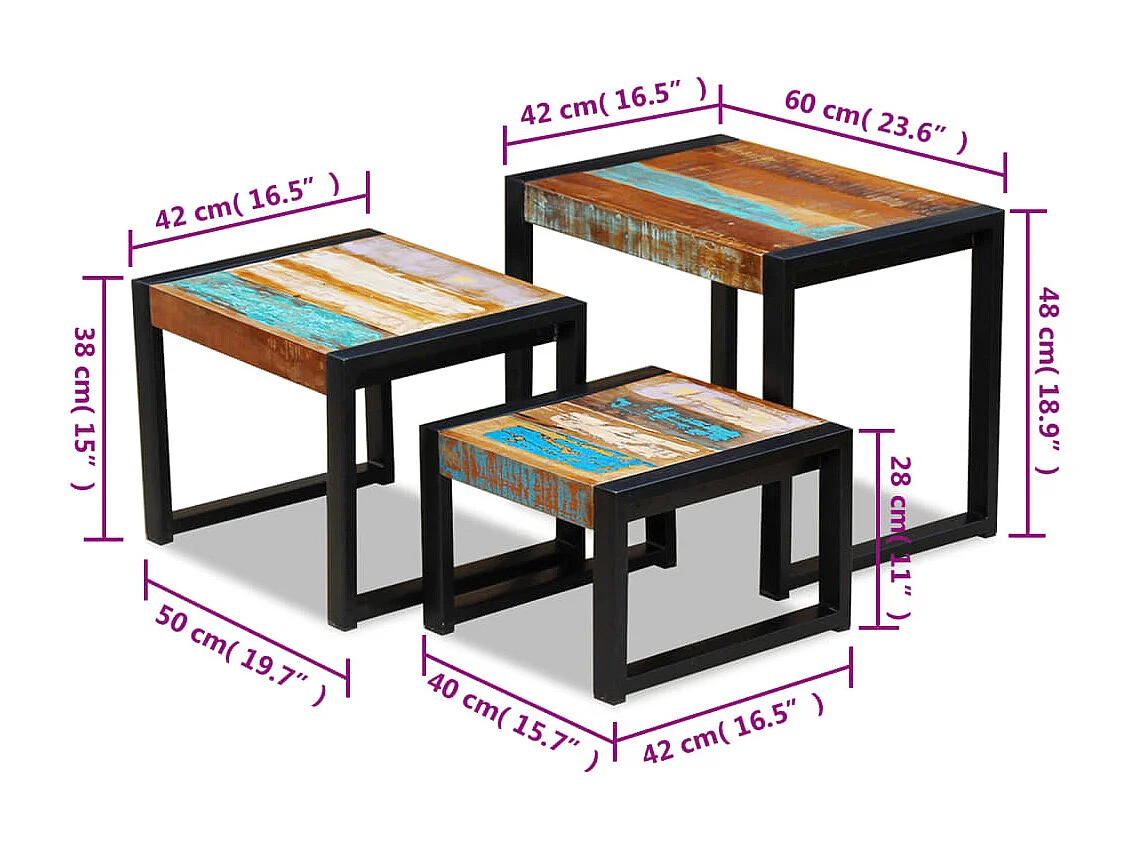 Set de 3 mesas auxiliares madera maciza reciclada
