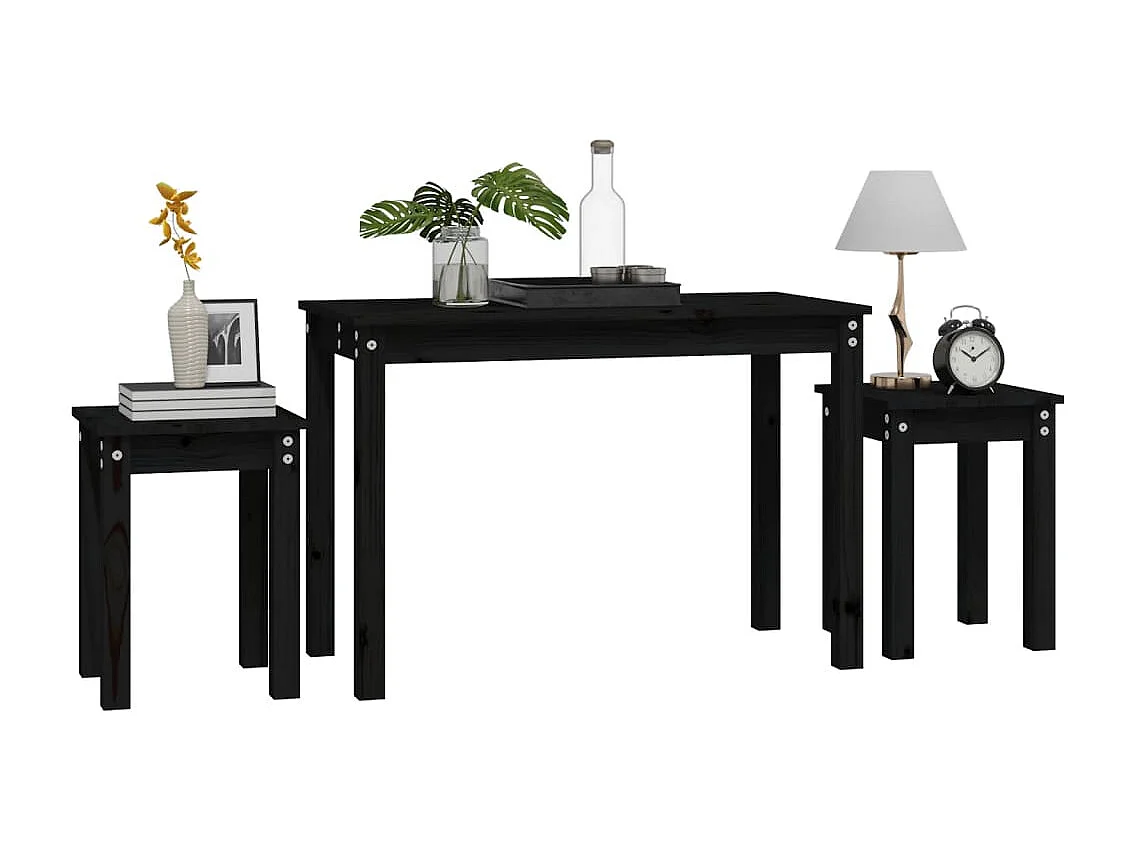 Mesas apilables 3 piezas madera maciza de pino negro