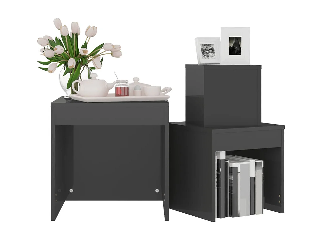 3-delige Tafeltjesset bewerkt hout hoogglans grijs