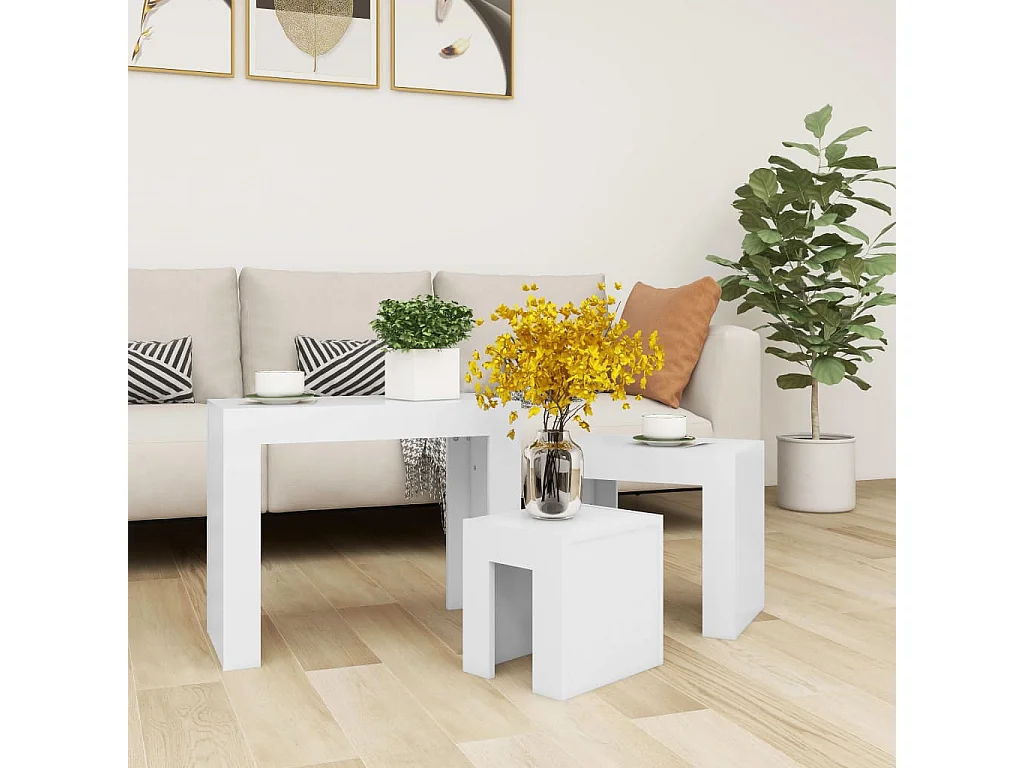 Mesas de centro apilables 3 piezas madera contrachapada blanco