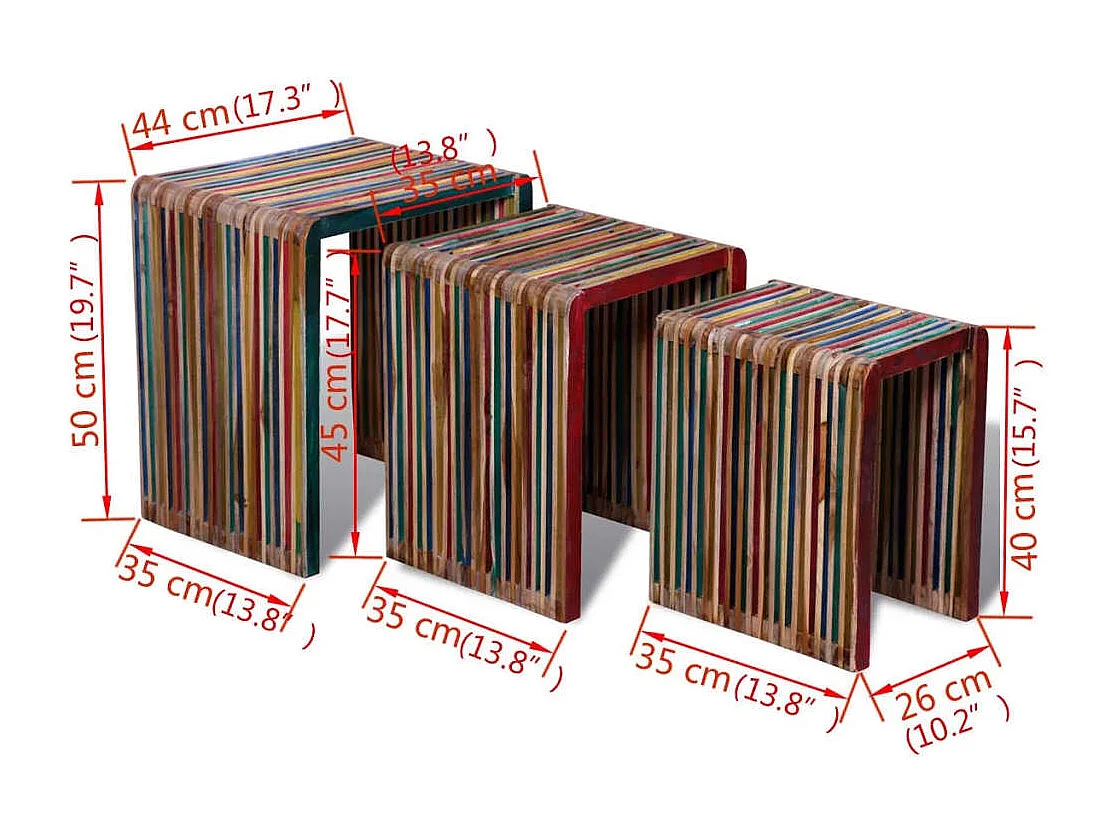 Conjunto de mesas de encastrar 3 peças teca reciclada colorida