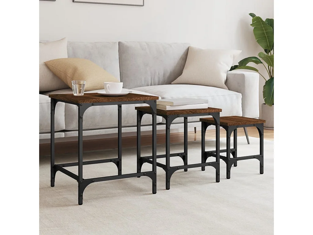 Mesas de centro apilables 3 piezas madera ingeniería roble marrón